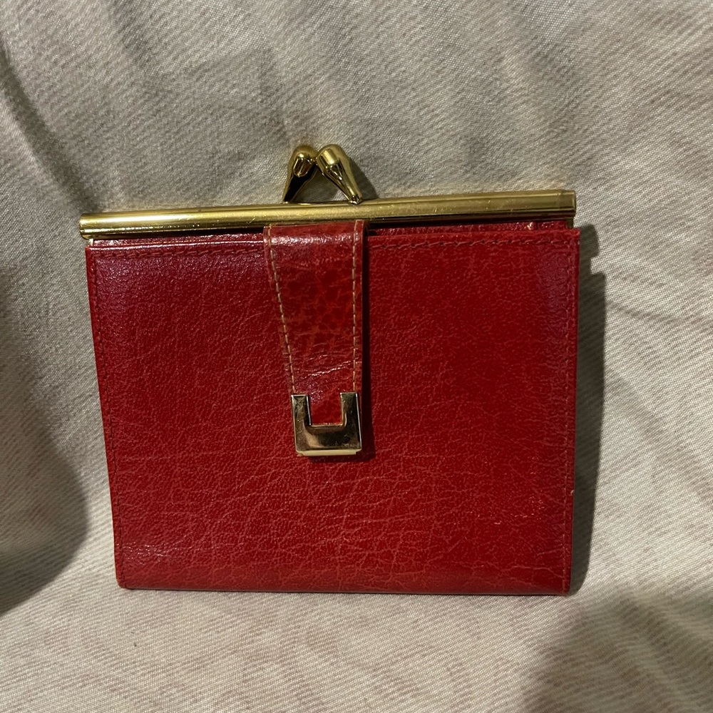 Vibrant Red Leather Wallet with Gold Accents